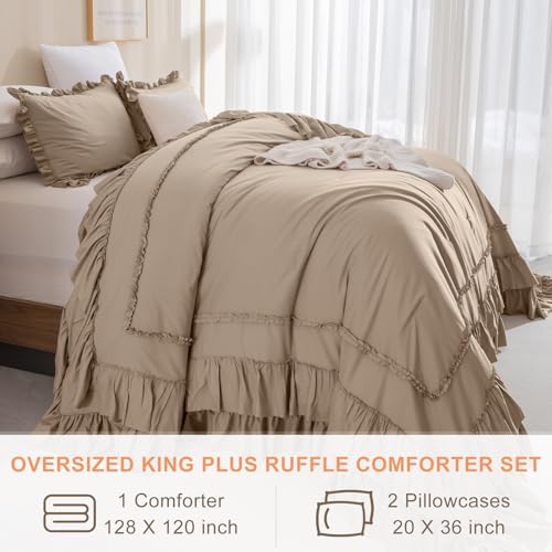 Image of QSH 3PCs Light Taupe Oversized California King Ruffled Bed Comforter Set 128x120, Farmhouse Vintage Chic Comforter French Country Shabby Comforter Soft Microfiber Fluffy Bedding Set