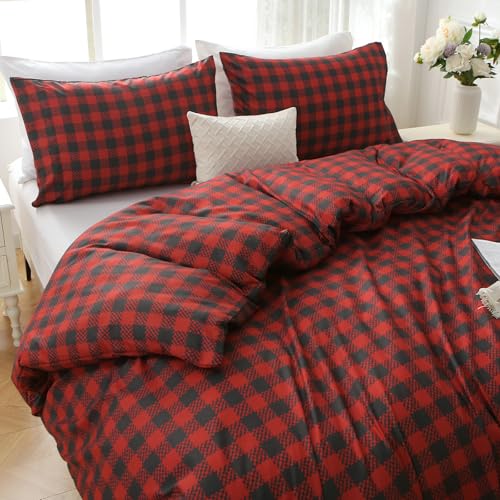 MUXHOMO Duvet Cover Full Size Floral Duvet Cover Set with Zipper Closure, Red Plaid Bedding Set, 3 Pieces, 1 Duvet Cover 80"x90" with 4 Corner Ties and 2 Pillowcases 20"x26"