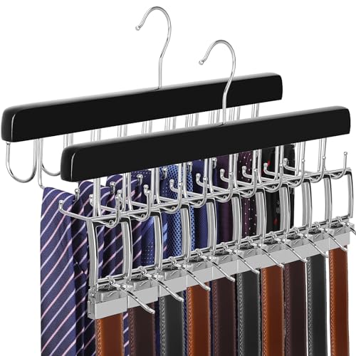 TOPIA HANGER 2 en 1 Cintres Bois pour Cravates et Ceintures,20 Crochets,Porte Cravate en Bois, Cintre de Ceinture pour organiseurs et Rangement, U pour...