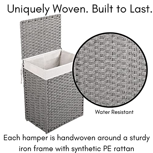 Birdrock Home Single Laundry Hamper With Lid - Grey - Liner Bag - Hand Woven - Small Collapsible Hampers - Foldable Bin - Synthetic Pe Rattan - Hand Woven - Clothes Basket #TOP6