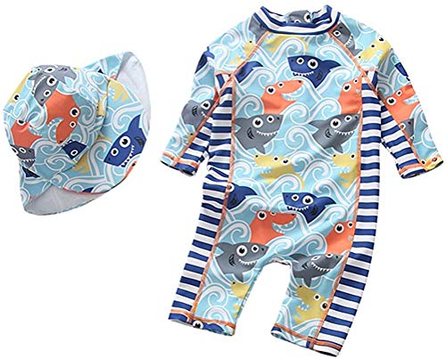 CJMJXPH Baby Toddlers Boys Kids Swimsuit One Piece Zipper Bathing Suit Swimwear Sunsuits with Hat Rash Guard Surfing Suit (Light Blue Shark, 6-9 Months)