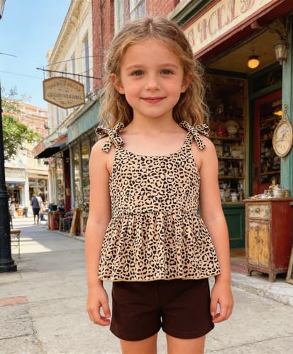 Image of Toddler Girls Clothes Summer Short Set Outfit Tie Knot Shoulder Sleeveless Ruffle Tops and Shorts 2PC Clothing Set