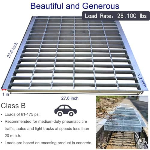 Image of Galvanized Steel Drain Grate with Lip 28x28 in, B-Class 28100 lbs Heavy-Duty Driveway Channel Cover w /Base, Outdoor Trench Drainage Grate, Silver Square Metal Sewer Cover for Garage