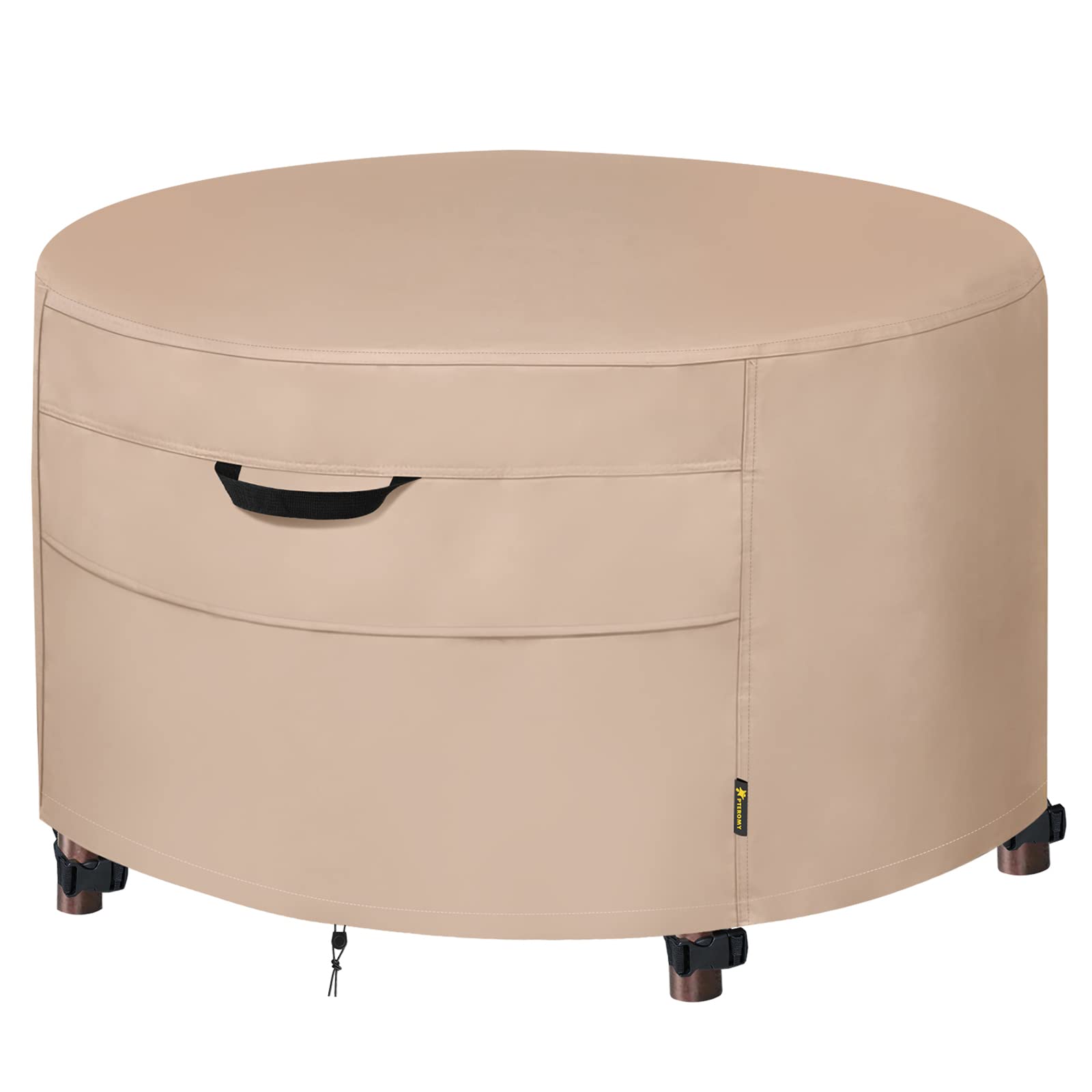 PTEROMY Patio Fire Pit Table Cover, Heavy Duty 600D Canvas Outdoor Waterproof Fireplace Cover (Khaki, Round, 36'')