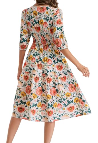 Image of Kormei Women Casual Boho Floral Round Neck 3 /4 Sleeve Smocked Waist Tiered A Line Flowy Swing Midi Dress Long Dresses