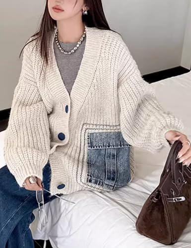 Womens Long Sleeve Patchwork Cardigan Sweater Denim Pockets V Neck Button Down Knit Open Front Coat Outwear3