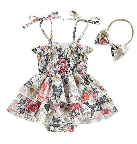 Image of Baby Girl Smocked Romper Dress Vintage Floral Frill Trim One-Piece Bodysuit Playsuit+Headband Summer Bubble Clothes