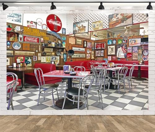 BELECO 8x6ft Fabric Vintage 50s Diner Backdrop For Photography, 1950s American Fast Food Soda Shop Restaurant Ice Cream Bar Stools Background, 50s Diner Party Decor Photo Booth Studio Props