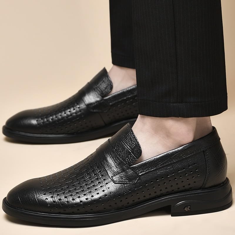 Men Breathable Hollow Oxford Dress Shoes Slip On Formal Tuxedo Casual Anti Slip Low Top Prom Comfortable(6.5) Black3