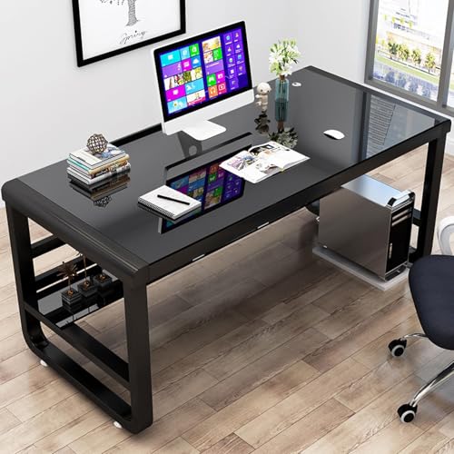 SXZenSpace Escritorio de computadora Moderno de Vidrio Templado con estantería, diseño Elegante para Juegos y Trabajo, 100 x 60 x 75 cm