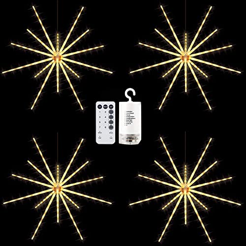 KIKILIVE Hanging Firework Lights 4 Pack, LED Starburst Lights, Christmas Decorative Hanging Lights with Remote, Battery Powered Waterproof Firework Fairy String Lights for Indoor Outdoor Decoration