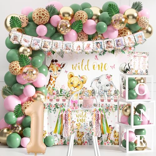 Wild One Birthday Decorations Safari Jungle Theme First Birthday Decorations For Girl One Year Old Bday Party Supplies Wild One Backdrop Safari Tablecloth Pink Safari Balloon Arch Balloon Blocks