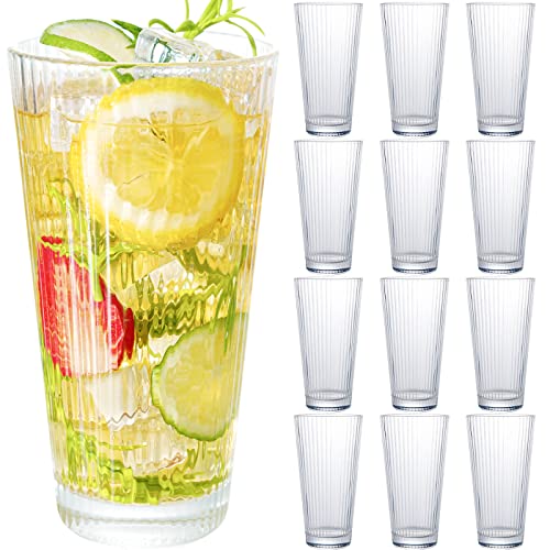 Goldarea 12 Pack Drinking Glasses, 10 Oz Highball Glass Cups, Pint Glasses With Classic Clear Striped Design, Ideal Ribbed Glassware Sets For Beer, Ice Coffee, Soda, Cocktail, Water, Juice, Beverage #TOP24