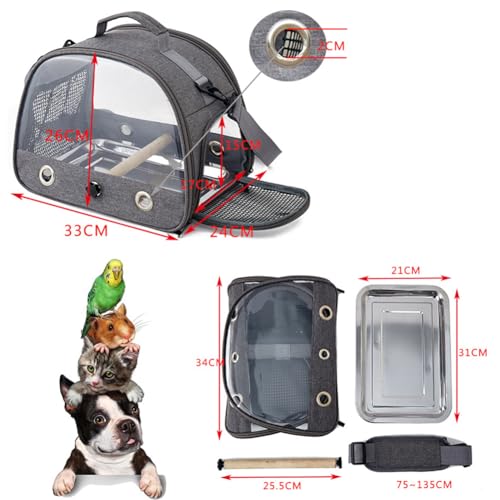 Tragbarer Vogeltransportrucksack Mit Acrylwanne, Atmungsaktivem Papageienkäfig Mit Holzsitzstange, Schultergurt Und Netztasche Für Kleine Vögel Grey 33 * 26 * 24cm-5