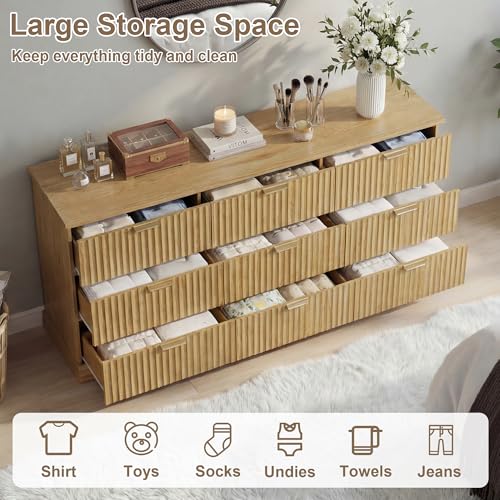 Image of Wooden 9 Drawer Dresser for Bedroom, Fluted Dresser with Storage and Metal Handle, Modern Chest of Drawers for Living Room, Entryway, Natural Oak