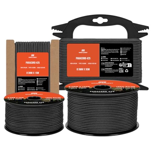 Manco Element 3mm Paracord 425 Tipo II 15m Negro | 100% Nylon Cuerda 3 Hebras | Ideal para Al Aire Libre, Camping, Supervivencia, Bricolaje