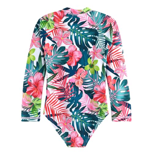 Image of Kids Girls Rash Guard Long Sleeve One Piece Swimsuits Zipper Bathing Suits UPF 50+ Tropical Plant Flowers Ages 3-12