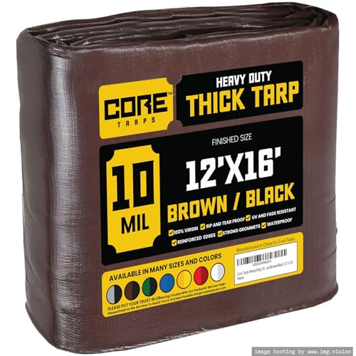 Core Tarp - Tarpaulin Waterproof Heavy Duty(190 g/m²|12′ X 16′ | 3.65m X 4.85m|Brown/Black-10 Mil) UV Resistant, Tear Proof, Protective Poly Tarpaulin with Reinforced Edges for Multi-purpose usage