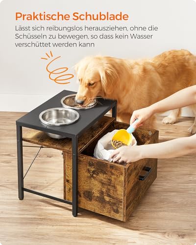 Feandrea Hundenapf erhöht, für große Hunde, Futternapf mit Gestell, erhöhter Fressnapf mit Schublade, Futterstation, 2 Schüsseln, 39 cm hoch, vintagebraun-schwarz PRB101X01V1