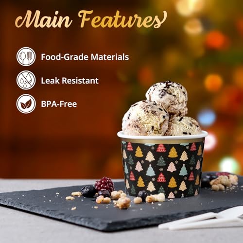 Image of Confettiville Paper Ice Cream Cups, 50-Count 9-Oz Disposable Dessert Bowls for Hot or Cold Food, 9-Ounce Christmas Party Supplies Treat Cups, Christmas Trees, Gold Foil