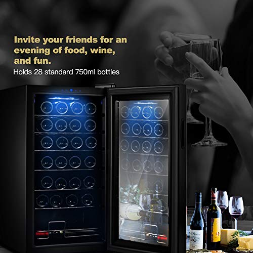 WIE 28 Bottle Wine Cooler Refrigerator Compressor White Red Wine Fridge Champagne Chiller Countertop Freestanding Wine Cellars w/Digital Control UV-Protective Finish Auto-Defrost Double-layer Glass 41°F-64°F Wine Fridge for Home Bar - Thumbnail 3