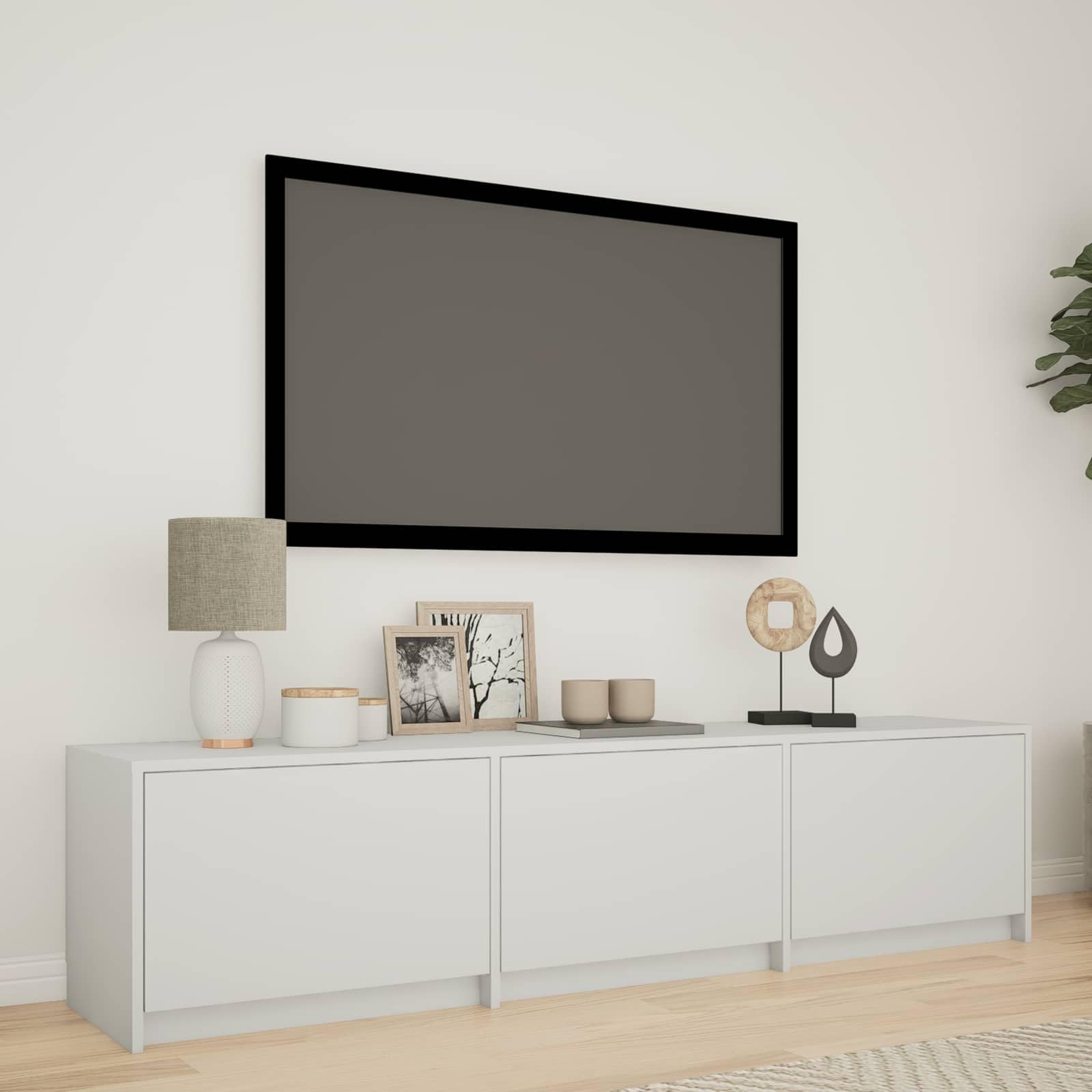 Szafka pod telewizor z oświetleniem LED, 165 x 34 x 40 cm, biała, z materiału drewnopochodnego, nowoczesna niska szafka do salonu, konsola medialna, zarządzanie kablami, schowek, meble TV