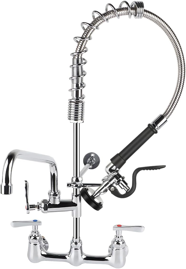 COOLWEST Commercial Pre-Rinse Faucet 8" Center Wall Mount Kitchen Faucet with 12” Add-on Swivel Spout 25” Height Commercial Sink Faucet and Pre Rinse Sprayer Brass Constructed