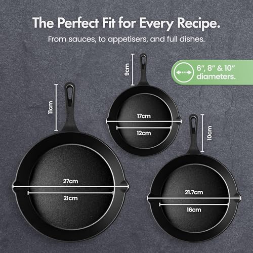 VonShef Cast Iron Skillet Pan Set, 3pc Pre-Seasoned Non-Stick Heavy Duty Frying Pan Set, Oven Safe Grill Pans Suitable for All Hob Types, 6", 8", 10" - Image 3