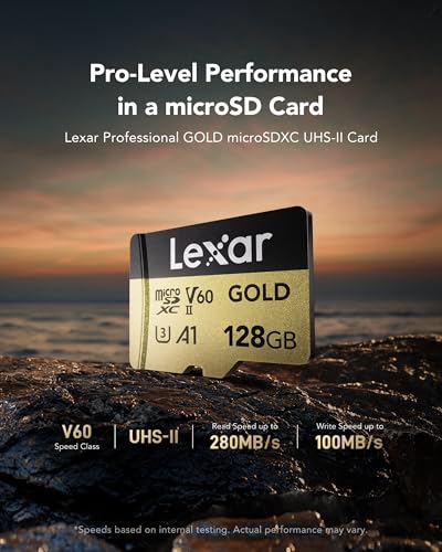 Image of Lexar GOLD 128GB Micro SD Card, microSDXC UHS-II Flash Memory Card, V60, U3, A1, C10 microSD Card, Up to 280MB /s Read, TF Card for Drone /Action Camera /UHS-II Portable Gaming Device (LMSGOLD128G-BNNNG)