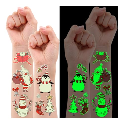 Partywind 10 Sheets Luminous Christmas Temporary Tattoos for Kids Stocking Stuffers, Christmas Party Decorations Supplies Favors for Birthday, Xmas Holiday Stickers Games Toys for Boys Girls