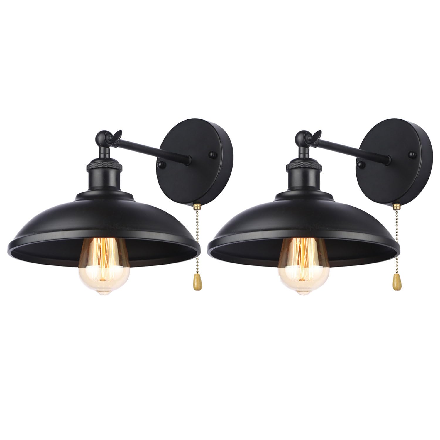 HXYSXHJUO Wall Lamps for Bedroom,Black Sconces Set of 2 Industrial with Pull Cord Retro Dome Light Barn Sconce Lighting Fixture Bedside Lights Farmhouse Mounted