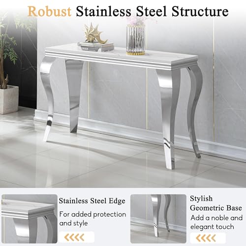 Image of Luxury Marble Console Table, White Faux Marble Top, Silver Stainless Steel S Legs, 46.8 inch Sofa Console Table Behind Couch, Modern Entryway Table for Hallway, Entrance, Foyer, Living Room