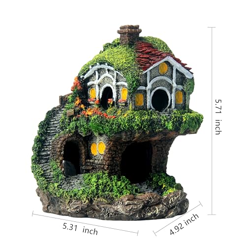 Image of RVQIGYPFish Tank Decoration Hobbit Cabin, Magic Underwater Cabin, elf House Aquarium Decoration, Hand-Carved Resin Material Anti-Fading Medium and Large Fish Tank Landscaping +Water Plants