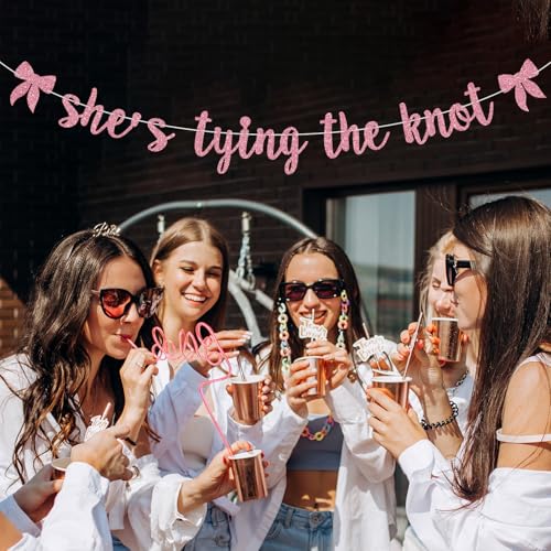 Image of She's Tying the Knot Banner, Bride to Be, Bow Bridal Shower Banner, Coquette Theme Bachelorette Wedding Engagement Party Decorations Supplies for Women Pink Glitter