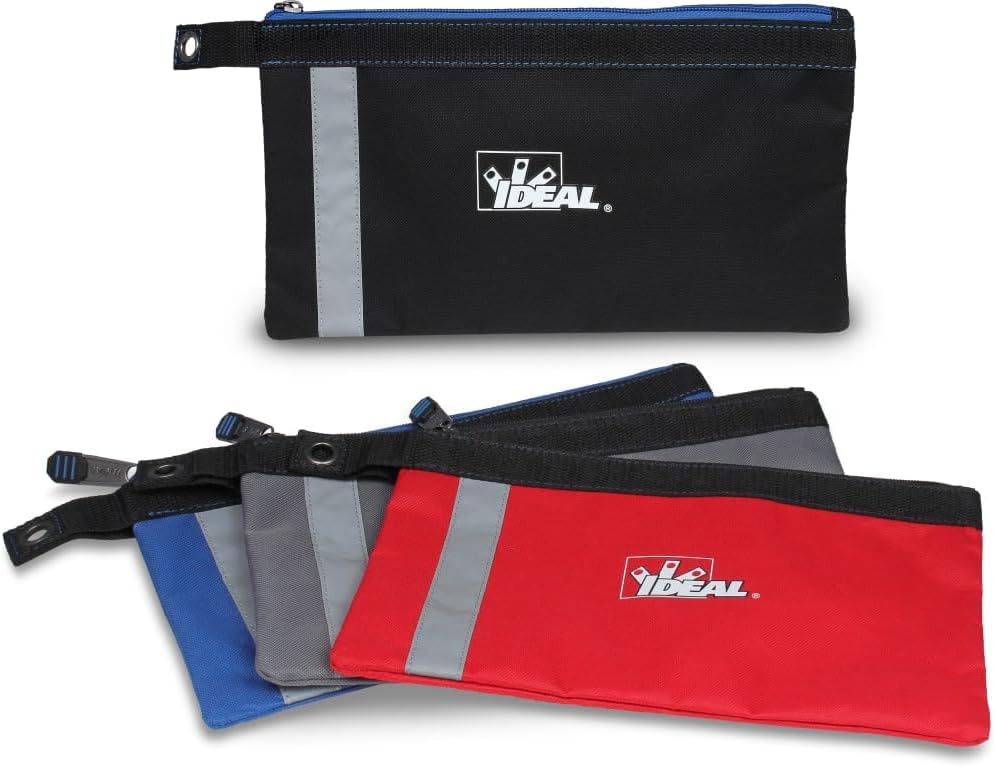 IDEAL Electrical Flat Zipper Tool Pouch 4-Pack, Assorted Colors – Durable Utility Bags for Tools, Connectors, Cables & Travel Organization (12.5" x 7")