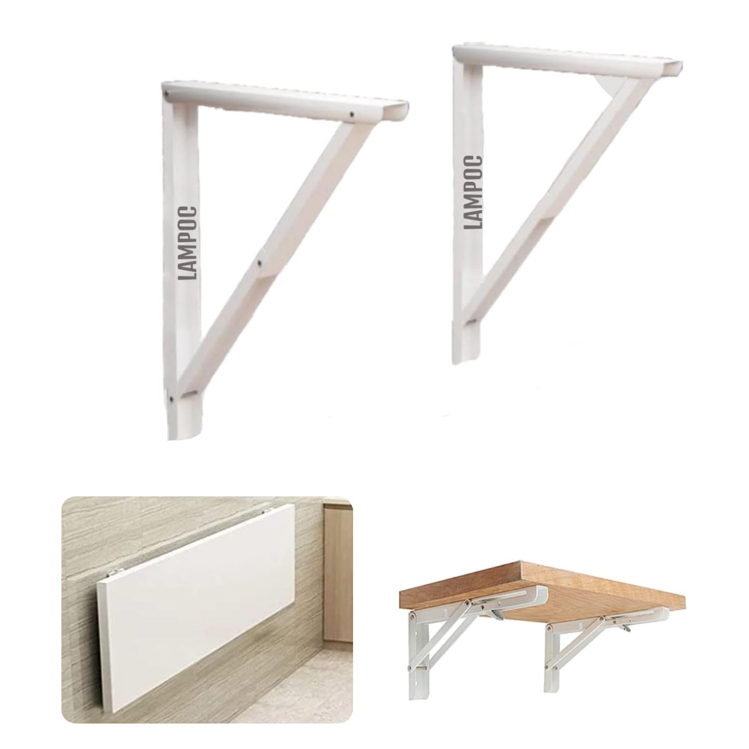 LAMPOC Solid Folding Shelf Table Brackets | Folding Shelf Table Hinge Wall Mounted Powder Coated Finish Steel Collapsible Shelf Bracket(Only Brackets with Screws and Screw Plugs) (White, 14 Inches)-image-41