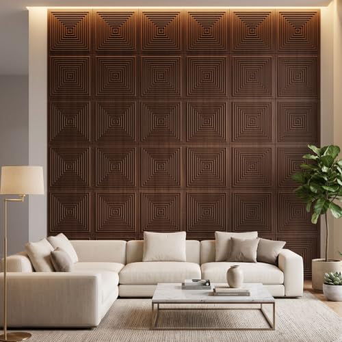 Image of Kayra Decor 3D PVC Wall Panels for Bedroom & Living Room | Pryamid Design |Walnut Wood Color | 19.7 x 19.7 Inch | Pack of 40 | 107.6 Sq Ft