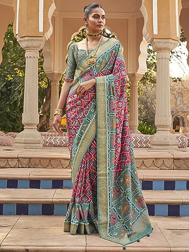Image of SAREE MALL Women's Ikat Printed Tassels and Latkans Patola Silk Saree With Unstiched Blouse Piece (MORKLA588 RW Parent)
