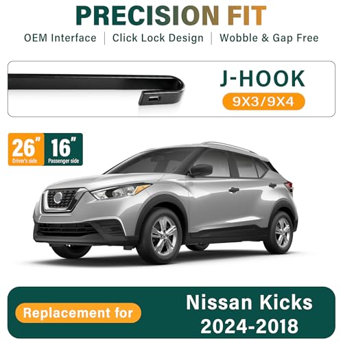 Image of Windshield Wiper Blades Replacement for Nissan Kicks 2018 2019 2020 2021 2022 2023,Original Equipment Replacement Front Rear Wiper Blade Set - 26 inch 16 inch 12 inch (Set of 3) | Original Equipment Replacement Front Rear Wipers Blade Set - 26 inch+16 inch+12 inch (Set of 3) U /J Hook