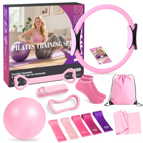 Vanlgs Pilates Kit 13Pcs Home Pilates Essentials Workout Kit with 13' Ring, 10' Ball and Resistance Bands for Women at Home Pilates Equipment Set for Beginners（Pink）