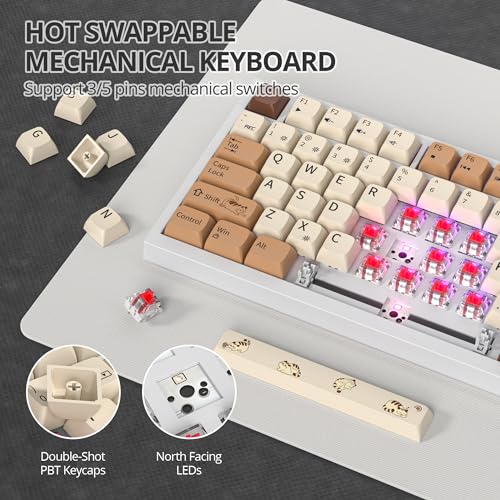 Image of 75% Mechanical Gaming Keyboard Coffee Cat, Hot Swappable RGB Backlit Cute Keyboard with Knob, Gasket Mount USB Wired Key Board, 82 Keys Linear Red Switch Keyboards (82 Coffee Cat)