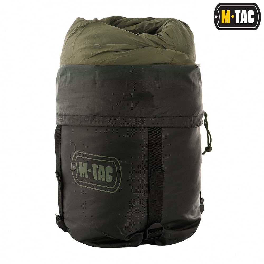 M-Tac Schlafsack Camping Tasche Olive Wasserdicht Kompressionsschlafsack mit Kapuze, Doppelreißverschluss, Komforttemperatur -5 / +5°C, Olive