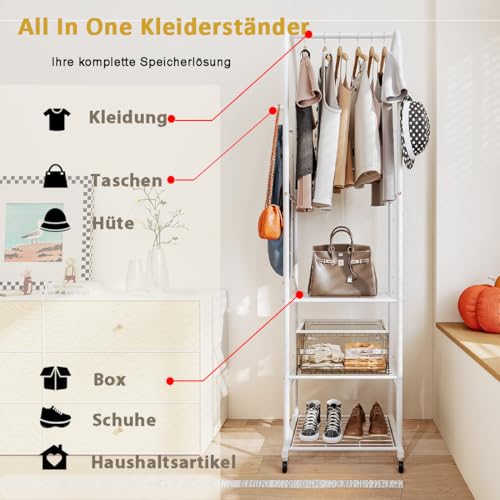 Dazioter Kleiderständer mit Rädern und 3-stufigen Metallböden, Kleiderstangen zum Aufhängen von Kleidung mit 4 Haken, Kleiderständer Garderobe Organisator für kleinen Raum, weiß