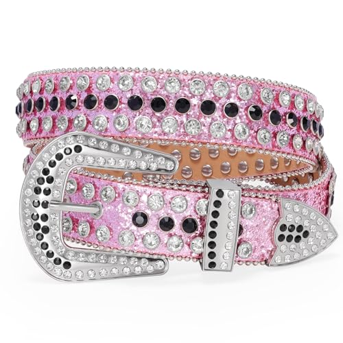 Image of WERFORU Women Men Western Rhinestone Studded Leather Belt Unisex Bling Cowgirl Cowboy Waist Belt for Jeans Pants Dress