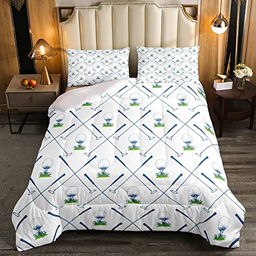 Erosebridal Golf Comforter Set Full Size Golf Club Bedding Set Sport Game Athlete Grass Leaf Branches Down Comforter for Men, Room Decorative 3 Pieces Comforter with 2 Pillow Cases, White