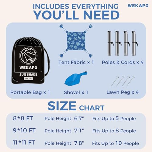 Image of WEKAPO Beach Tent Sun Shelter - Easy Setup Beach Canopy with 4 Sturdy Poles, Extra Large Sandbags and Shovel, 7'8'' Tall, Windproof Sun Shade for Backyard and Camping, UPF 50+ Protection