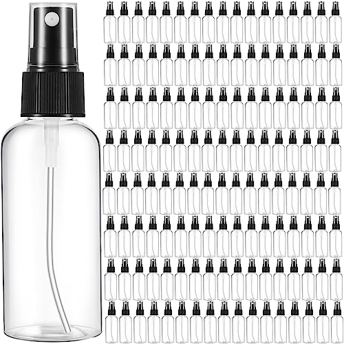 Roshtia 200 Pcs 2 oz Plastic Mini Spray Bottles with Black Cap Clear Empty Fine Mist Spray Bottles Refillable Liquid Container for Essential Oils Perfumes Travel Makeup