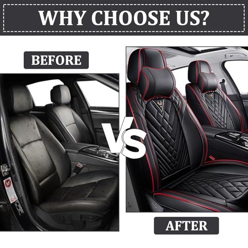 Image of Car Seat Covers Front Seats for Kia Telluride 2020-2026, Anti-Slip Full Coverage Car Seat Covers, Waterproof Nappa Leather Car Seat Cover Sets(2 Seats with Headrests /Black Red)