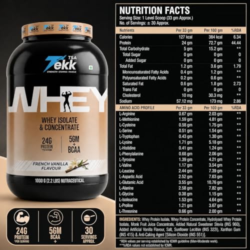 Image of TSA Tekk Whey Protein 1kg | 24g Protein with Hydrolyzed Whey Isolate + Concentrate Blend | Vegetarian Protein Powder for Muscle Gain, Recovery & Strength | No Added Sugar, Easy Digest (French Vanilla Flavour Whey)