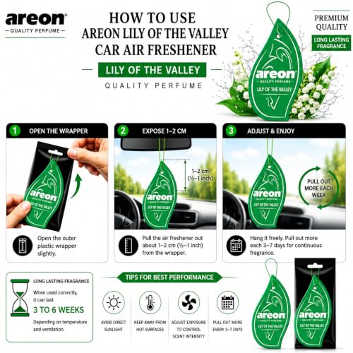 Image of AREON MA33 Hanging Best Car Air Freshener Lily of the Valley Scent, Paper Hanging Ornaments, Long Lasting Scent for Car or Home 12 Pack